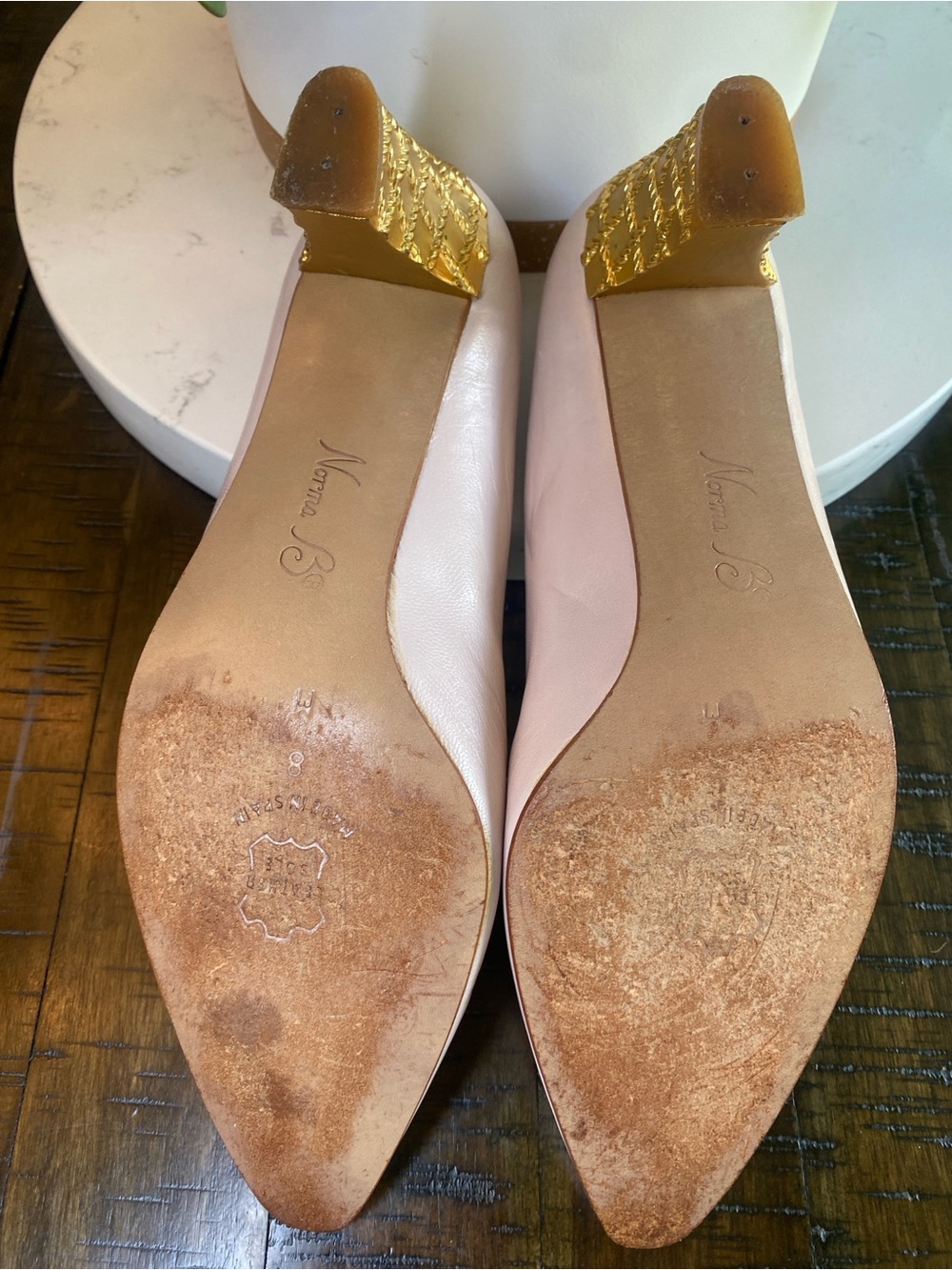 Norma B Blush Pink Leather Pump Gold Quilted Block Heel Size 8 Vtg Spain 2.5in - Picture 12 of 12